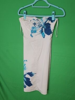 Vintage Express Blue Hibiscus Floral Strapless Sheath Dress RN 54867 Sz 3/4